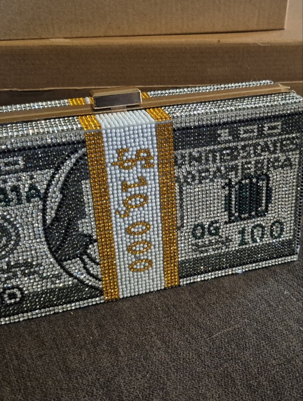 Crystal Embellished Money Stack Clutch in Silver and Gold